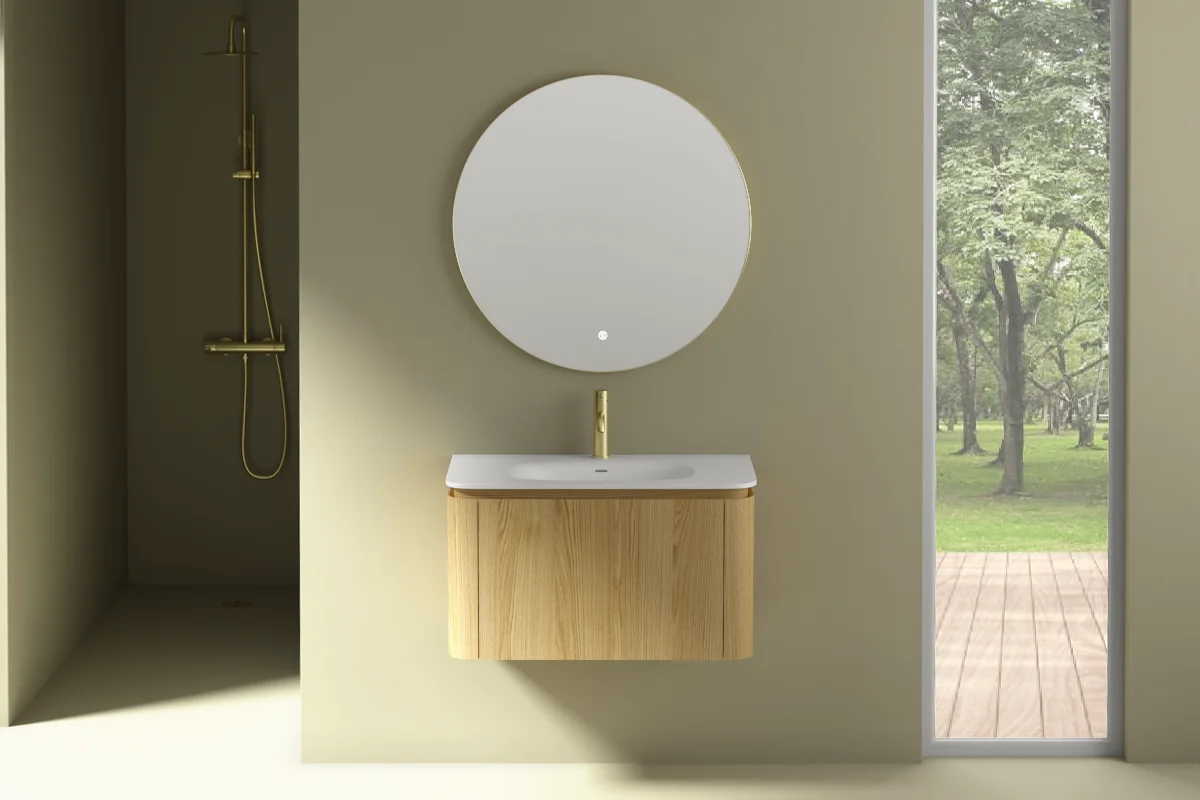 Meuble suspendu 80 cm, placage chêne naturel avec plan vasque en résine minérale blanc mat, Chloé  
